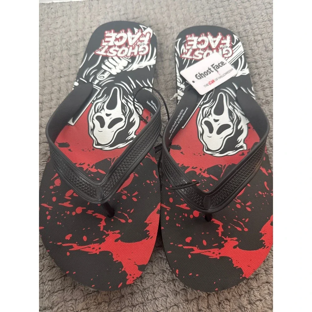 Bioworld Ghost Face Scream Horror Movie Flip Flops Mens Red Black Sandals NEW